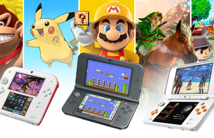 immagine con console Nintendo 2DS e 3DS con alle spalle i giochi iconici