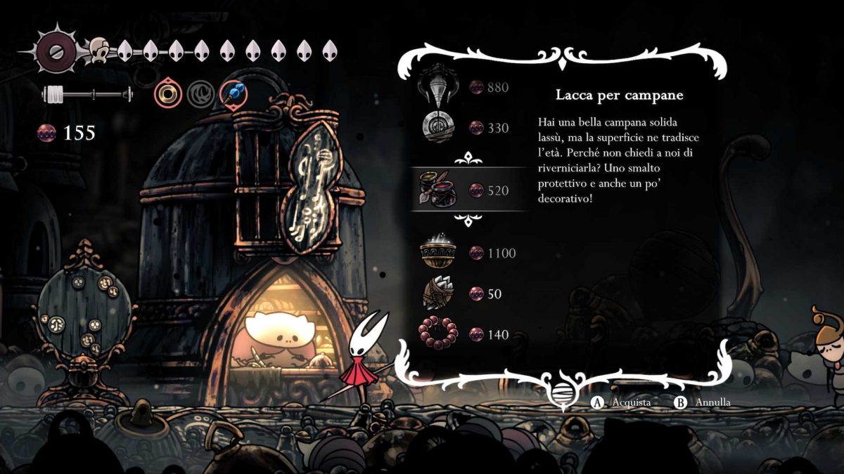 screenshot di silksong con hornet davanti al mercante