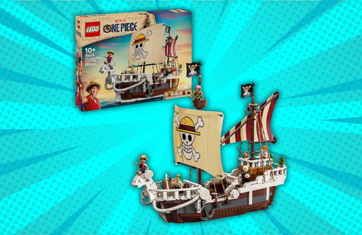 nave pirata one piece lego su sfondo azzurro