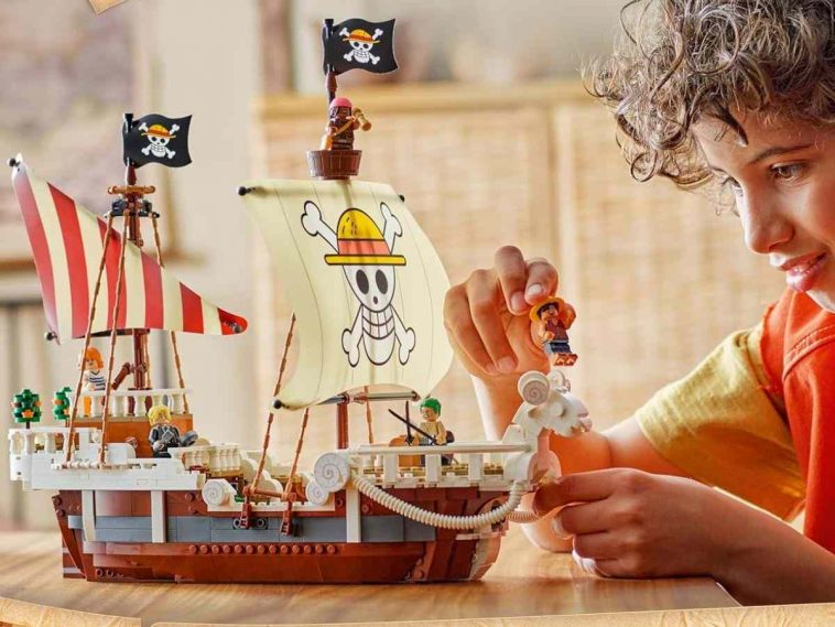 bambino che costruisce la nave di One Piece versione LEGO