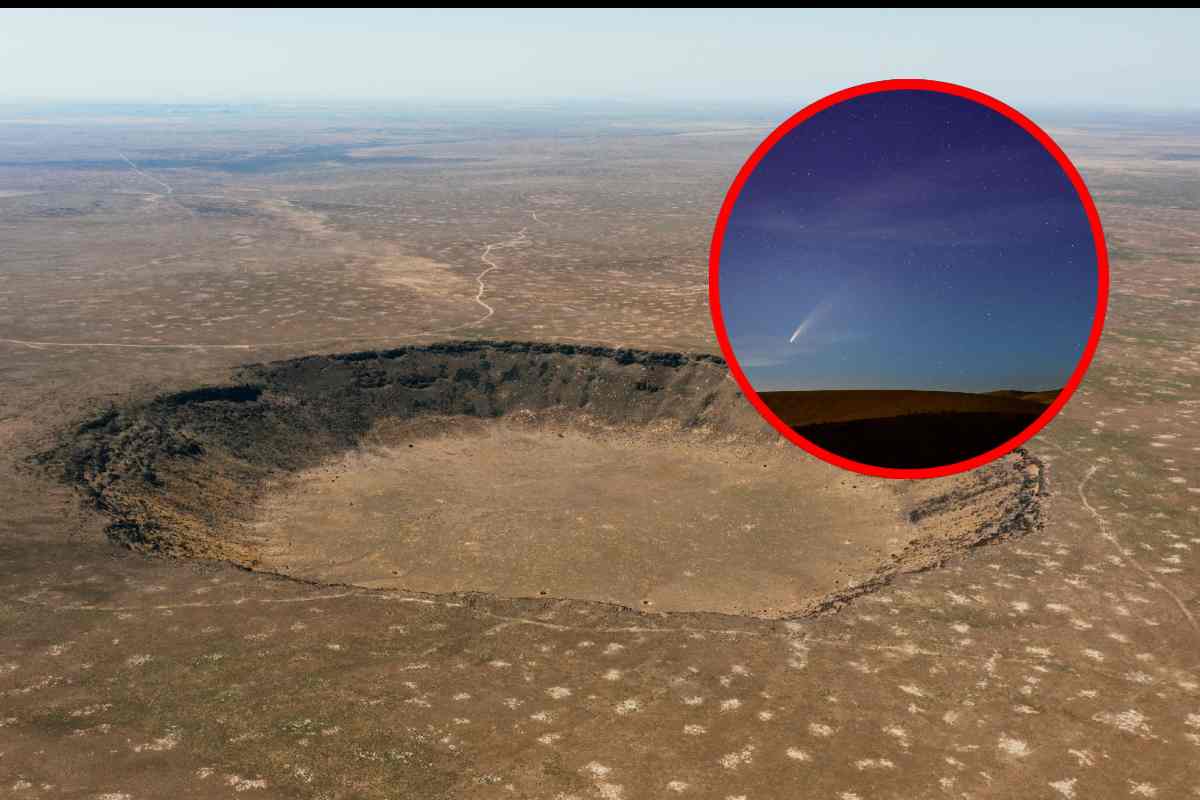 Un canyon scavato da un meteorite e, in evidenza, un cielo con un bagliore