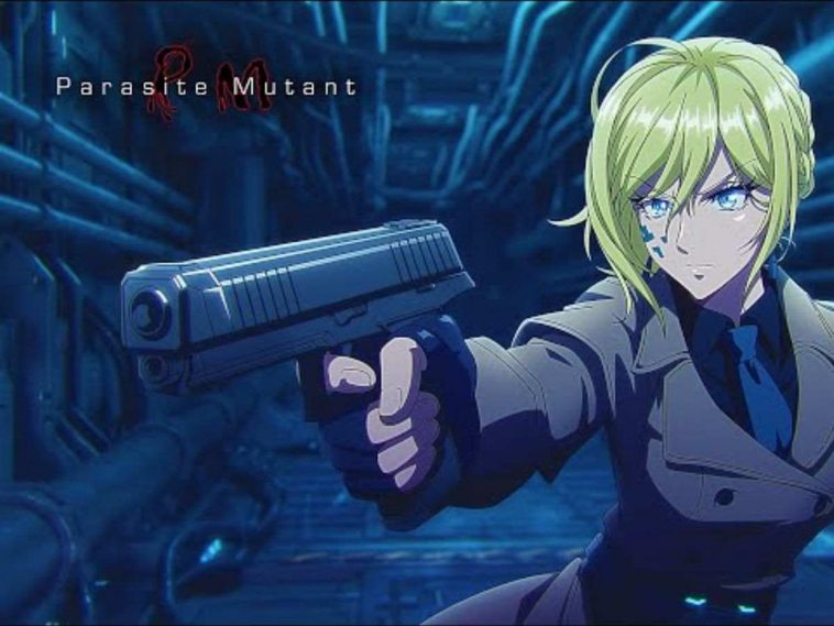 disegno anime, ragazza con cappotto capelli biondi e pistola