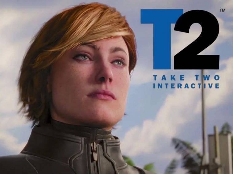 donna con capell corti castani che guarda l'orizzonte, logo con scritta T 2 take two interactive inc