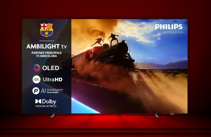 televisore Philips TV Ambilight su sfondo rosso