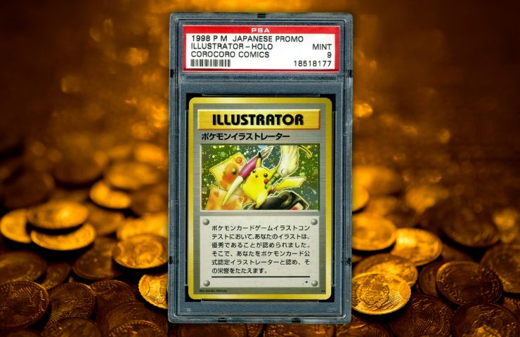 carta pikachu illustrator su sfondo di monete