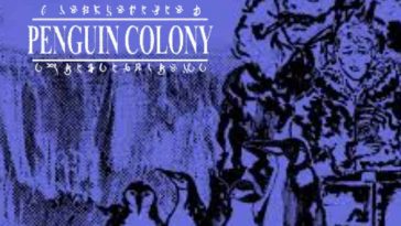 uomo con baffi e pipa, gruppo di pinguini, scritta penguin colony