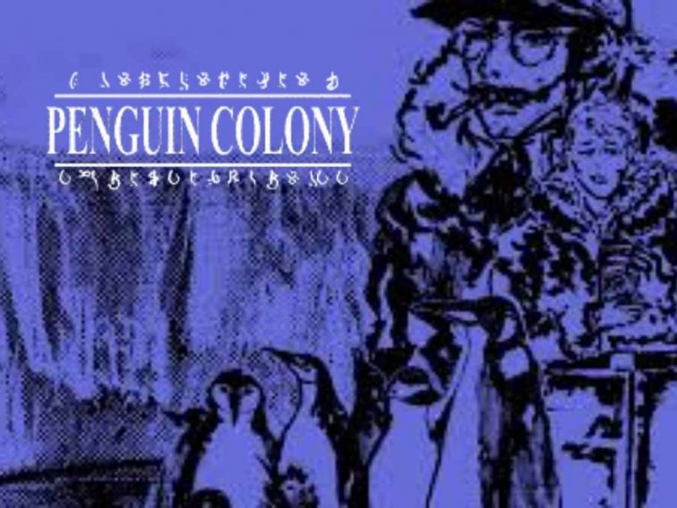 uomo con baffi e pipa, gruppo di pinguini, scritta penguin colony