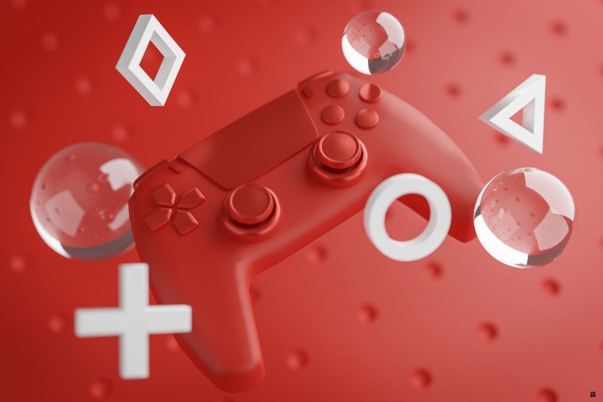 controller ps5 rosso fluttua tra simboli ps5