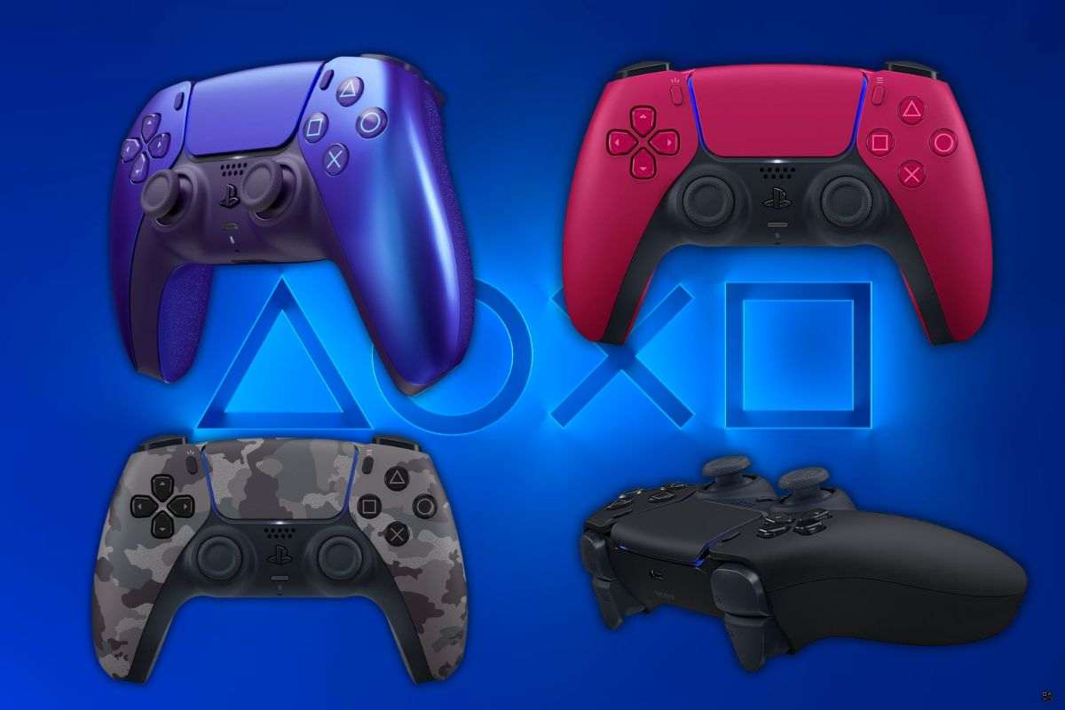 4 controller ps5 colore indaco, rosso, nero, mimetico, su sfondo logo sony ps5