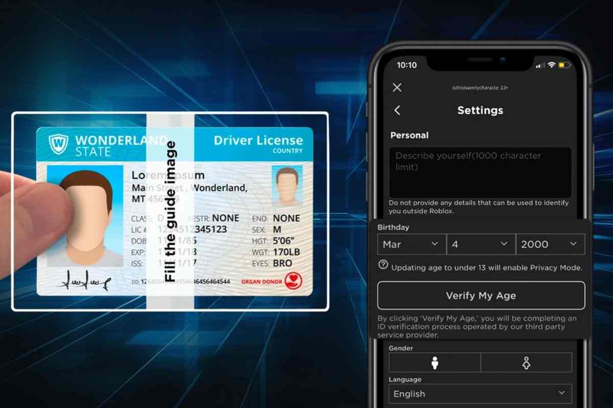 patente di guida con foto personaggio di roblox, smartphone con software face id