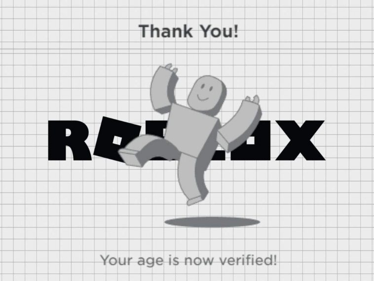 personaggio di roblox che esulta, scritta roblox, scritta Thank you your age is verified