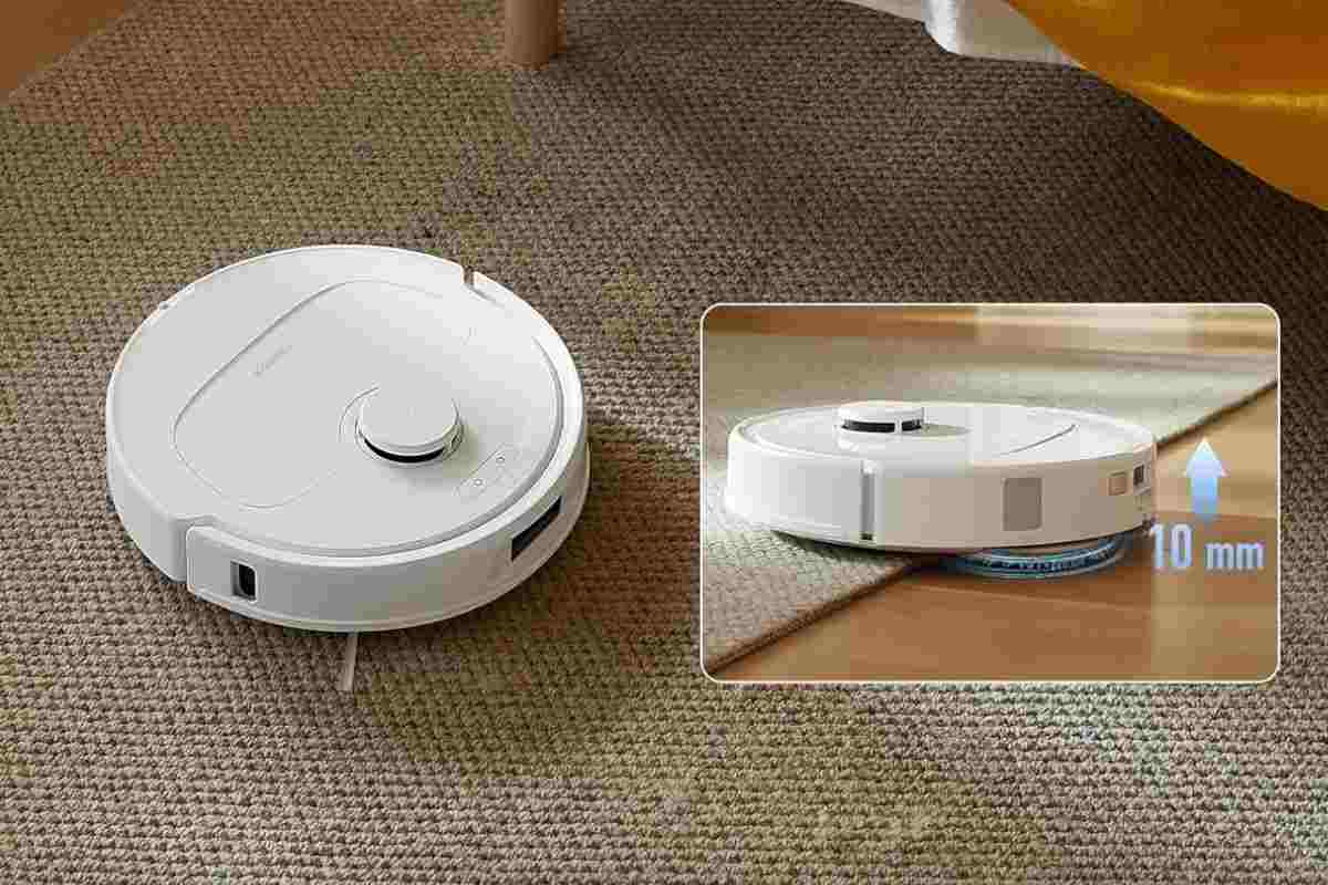 roboto aspirapolvere bianco con indicazione 10 mm sopra tappeto vicino divano