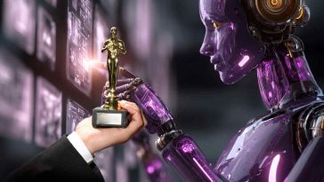 robot che lavora e mano che offre l'oscar