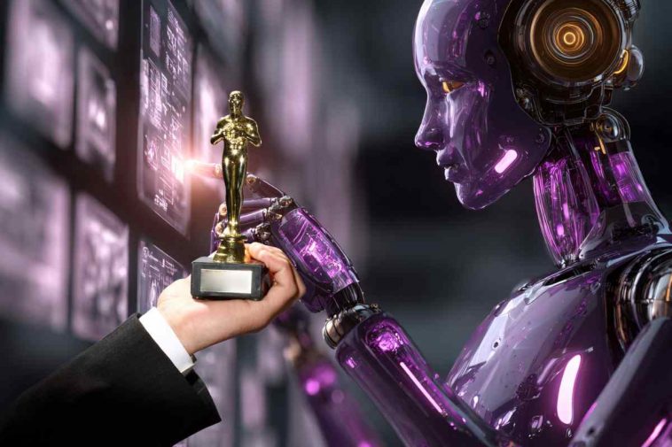 robot che lavora e mano che offre l'oscar