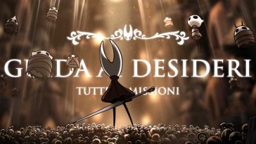 Hornet in Silksong a Cuorcampana davanti alla scritta Guida ai Desideri