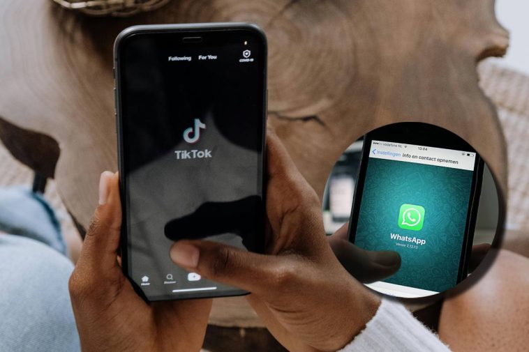 La app TikTok su un telefono e, in evidenza, il logo di WhatsApp