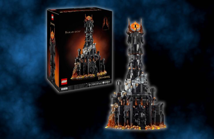 lego Barad-dûr su sfondo blu scuro