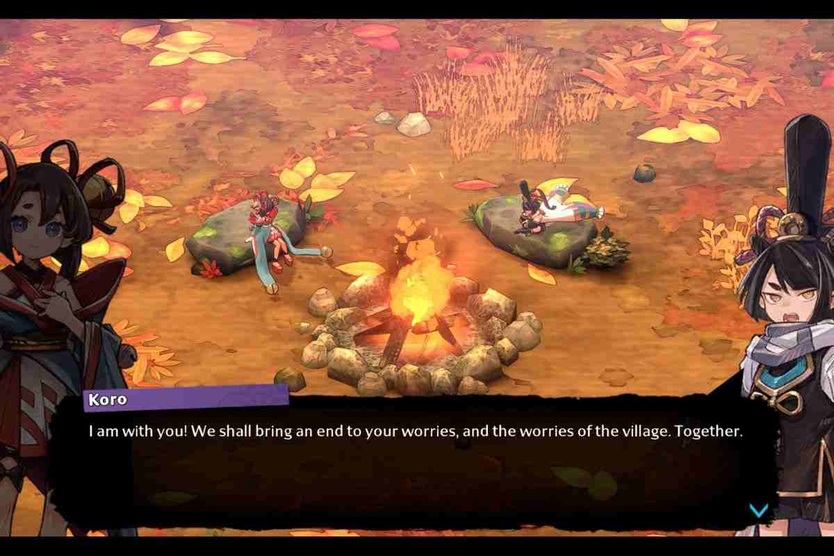 personaggio femminile e maschile parlano davanti a un falò acceso