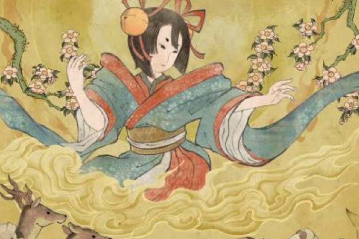 donna con abiti tipici giapponesi medievali disegnata in tecnica tradizionale