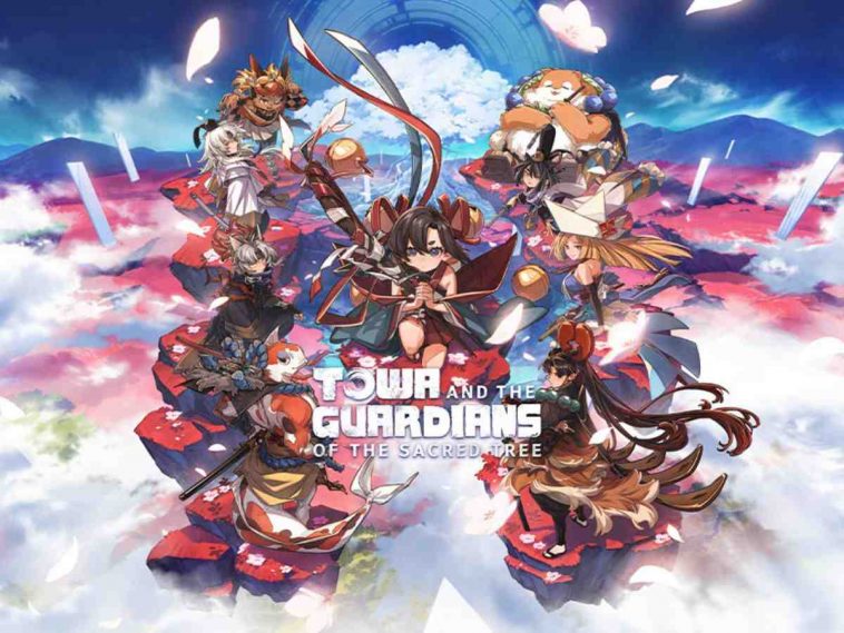 scritta towa and the guardians of the sacred tree, personaggi anime che fluttuano nel cielo