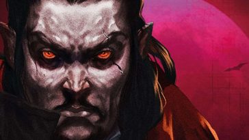 immagine chiave di vampire survivors con vampiro in primo piano su sfondo rosso