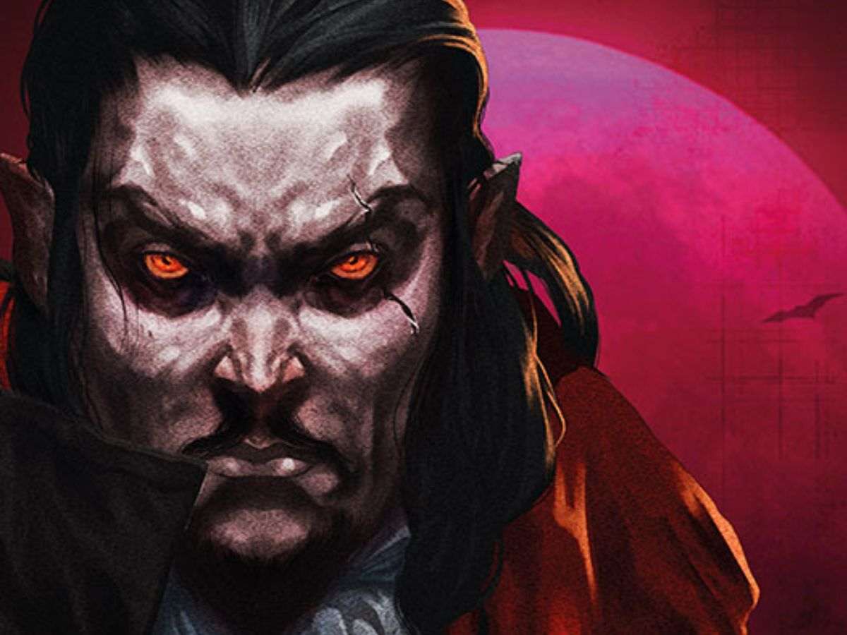 immagine chiave di vampire survivors con vampiro in primo piano su sfondo rosso