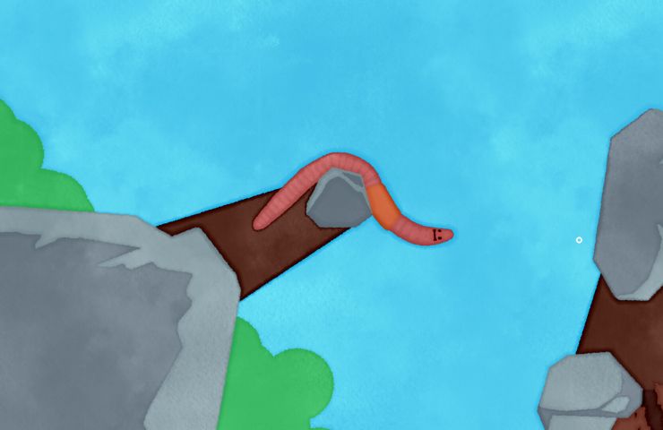 screenshot di Wirm con il verme su un ciocco di legno