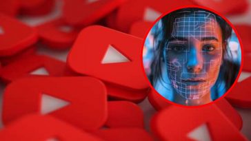 Vari simboli rossi di YouTube e, in evidenza, un volto sintetico