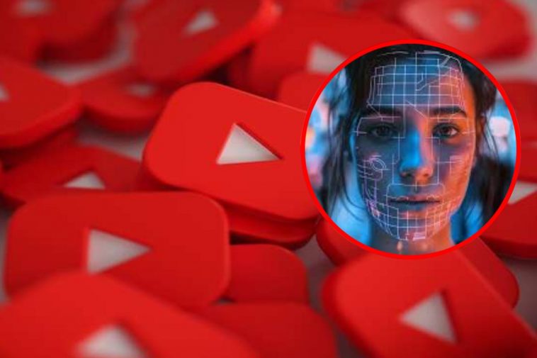 Vari simboli rossi di YouTube e, in evidenza, un volto sintetico