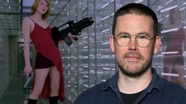 immagine di zach cregger in primo piano con film di resident evil sullo sfondo