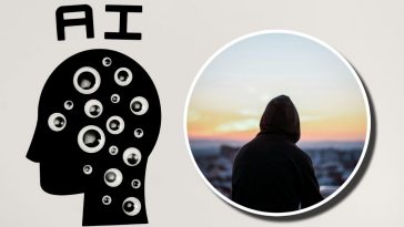 Una testa nera con tanti occhi e la scritta AI e, in evidenza, un ragazzo incappucciato che guarda il tramonto