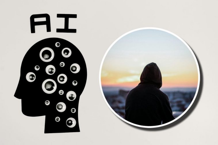 Una testa nera con tanti occhi e la scritta AI e, in evidenza, un ragazzo incappucciato che guarda il tramonto