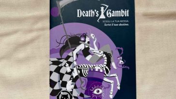 La copertina di Death's Gambit, con la mrote che ascolta della muisca sulle cuffie a cavallo scheletrico