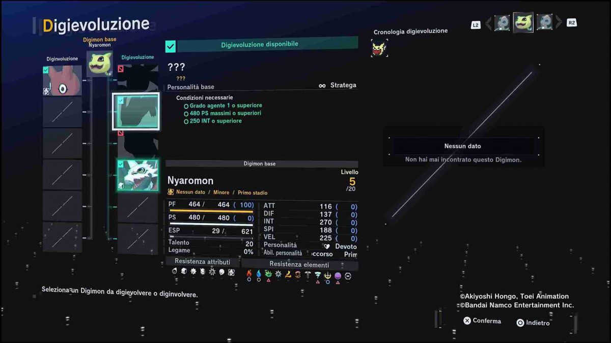 Una delle schermate per le evoluzioni in Digimon Story Time Strangers