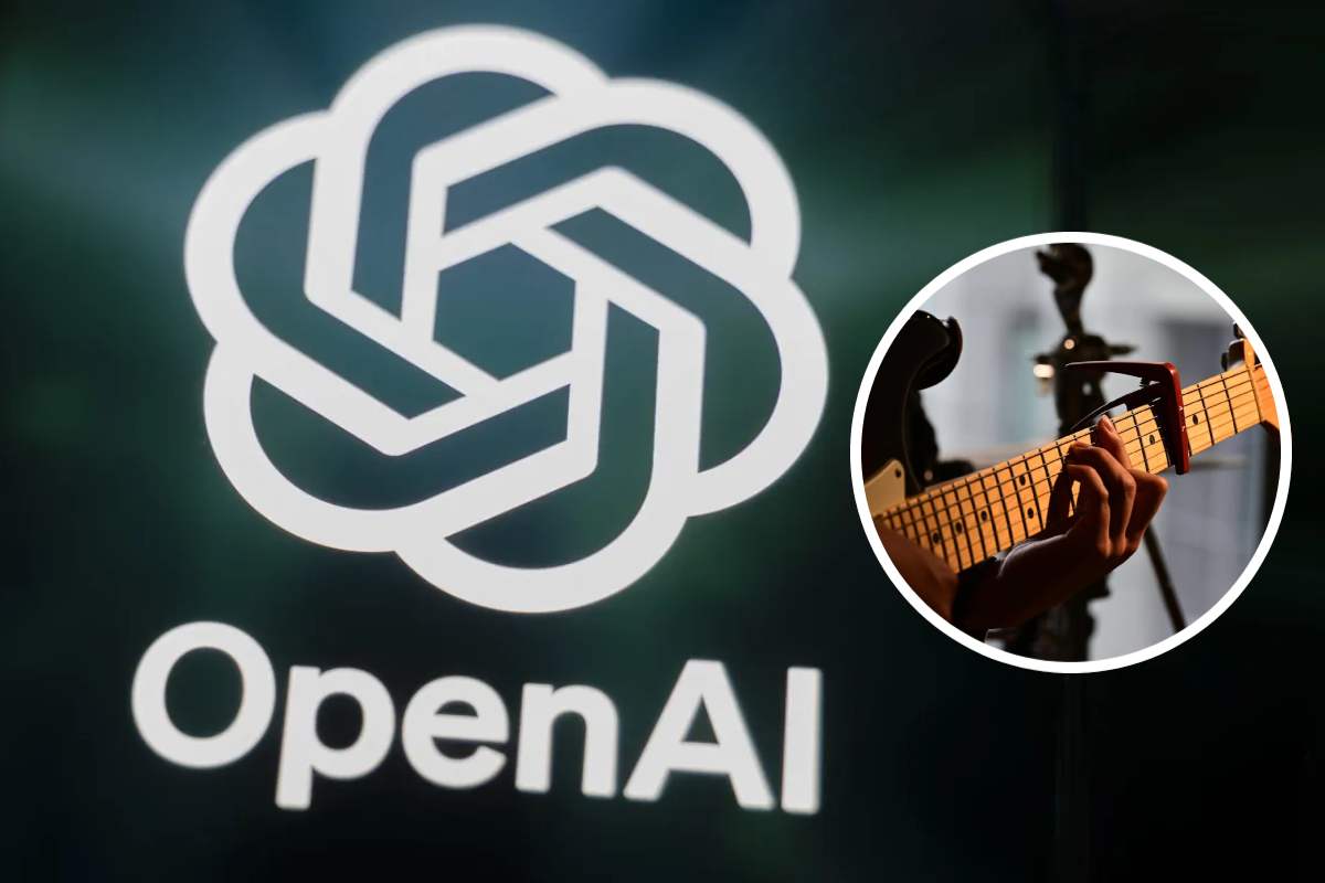 Il logo di OpenAI e, in evidenza, una chitarra elettrica