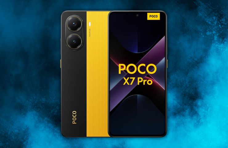 xiaomi poco x7 pro fronte retro su sfondo blu fumoso