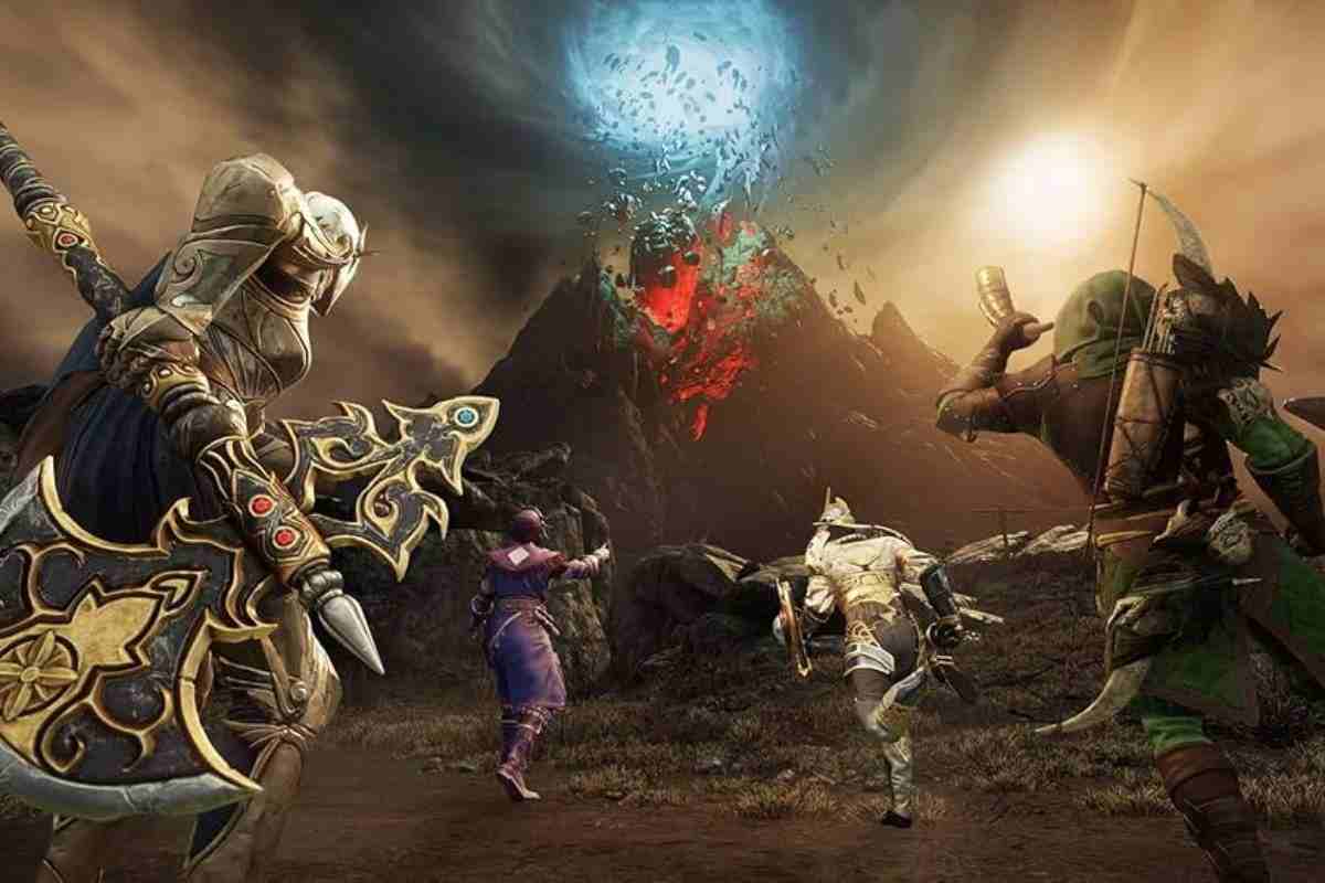 quattro guerrieri armati di lance e spade che corrono verso vulcano