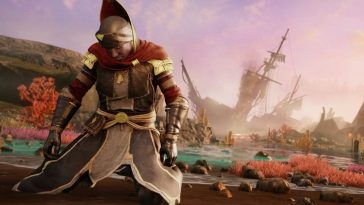 guerriero con bavero alto messo in ginocchio, alle spalle nave alla deriva