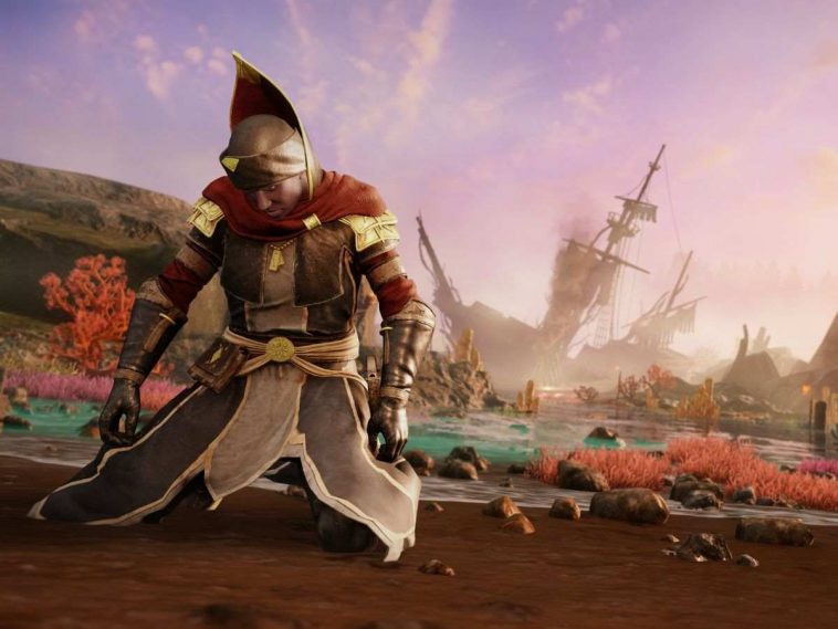 guerriero con bavero alto messo in ginocchio, alle spalle nave alla deriva