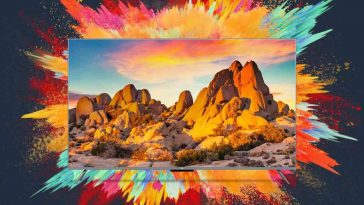 Amazon Fire TV Serie Omni QLED con mmagnie montagna, colori che esplodono sullo sfondo