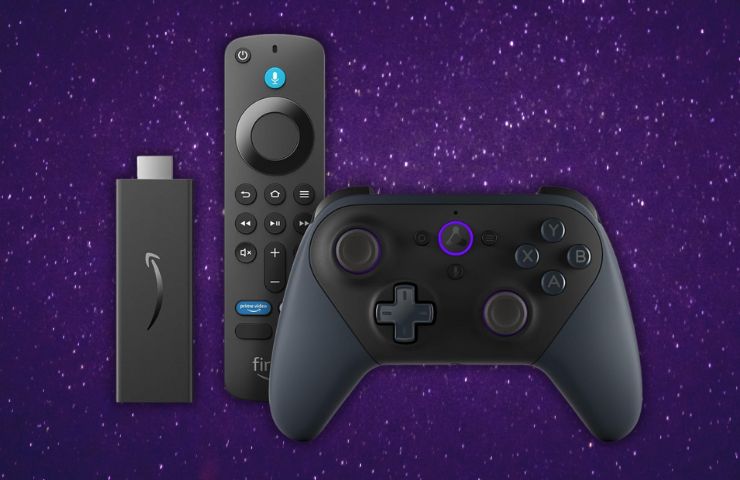 fire stick tv con controller amazon luna su sfondo viola