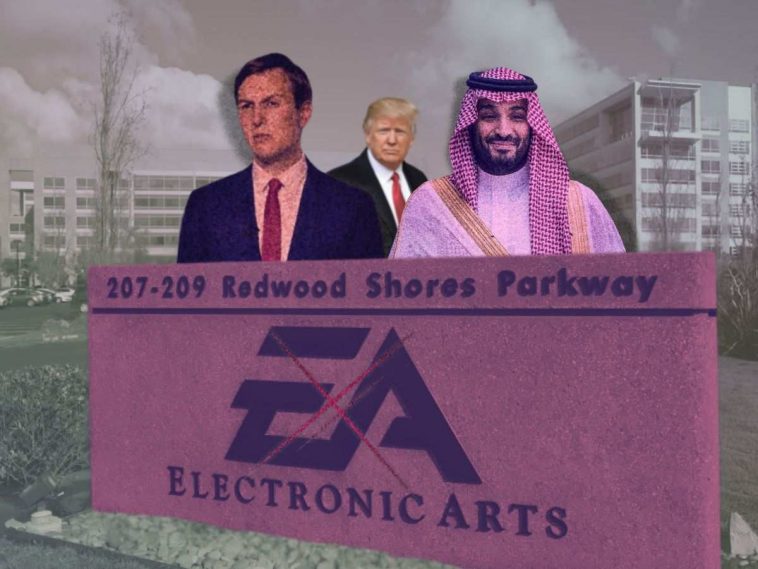 stele con logo electronc arts, dietro jared kushner in giacca e cravatta, mohammad bin salman con turbante e tunica bianca, donald trump sullo sfondo