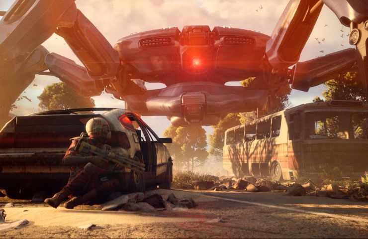 Arc Raiders screenshot con persona dietro una macchina che affronta un mostro robotico gigante