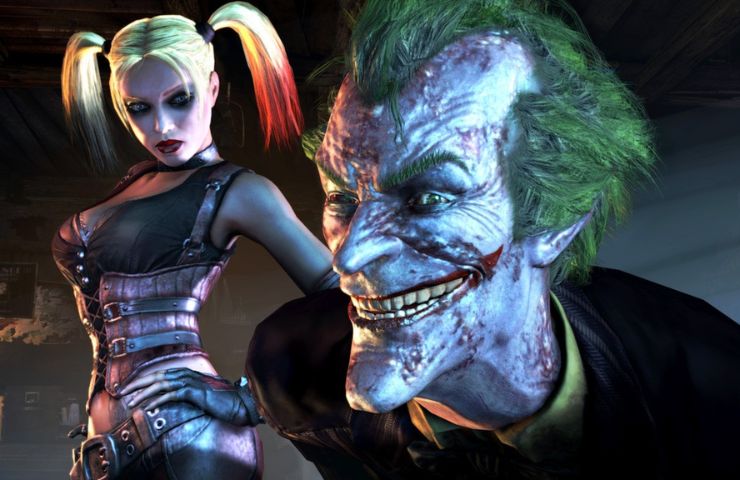 screenshot di batman arkham con joker e harley quinn