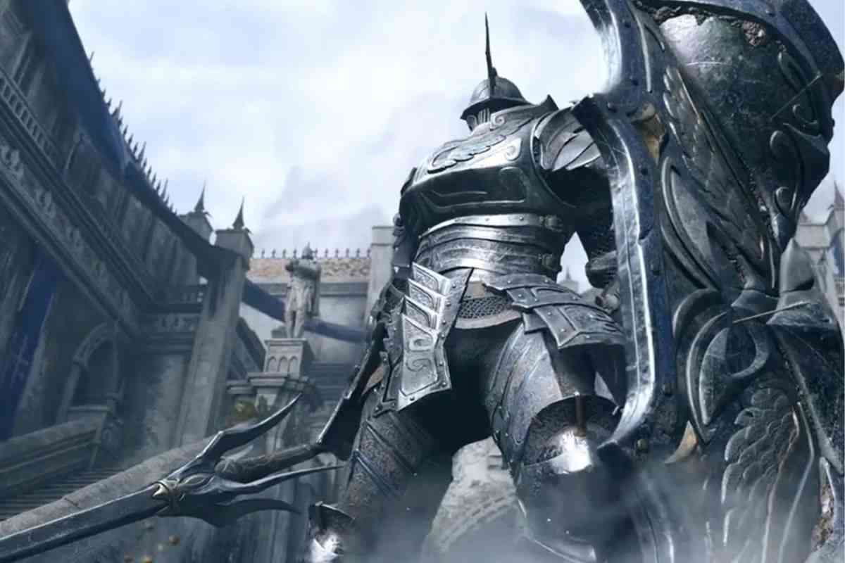 cavaliere della torre di demon's souls, cavalere alto con grande scudo e armatura