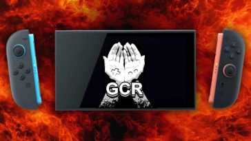 nintendo switch 2 con joy con staccati e logo di gaming consumer rights sul display su sfondo di fiamme