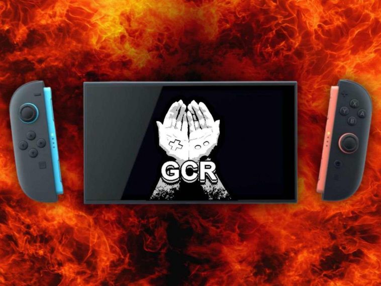 nintendo switch 2 con joy con staccati e logo di gaming consumer rights sul display su sfondo di fiamme
