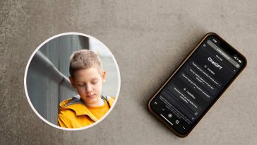 ChatGPT su un telefono e, in evidenza, un bimbo con una felpa gialla