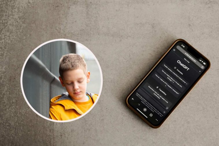 ChatGPT su un telefono e, in evidenza, un bimbo con una felpa gialla