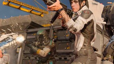 donna con uta futuristica che spara con fucile, robot che spara con fucile